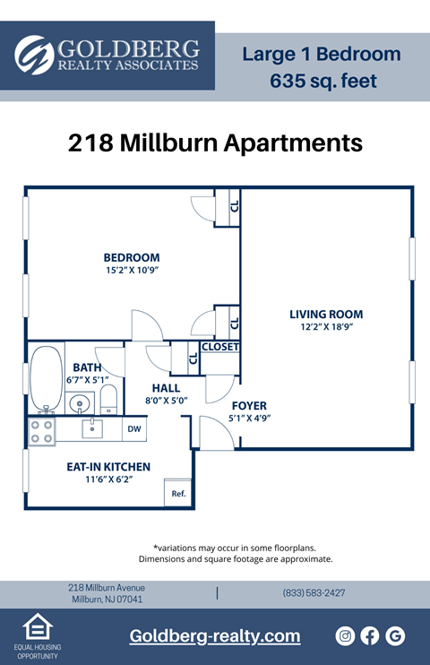 Floor plan for 1 bed, 1 bath, 635 sqft